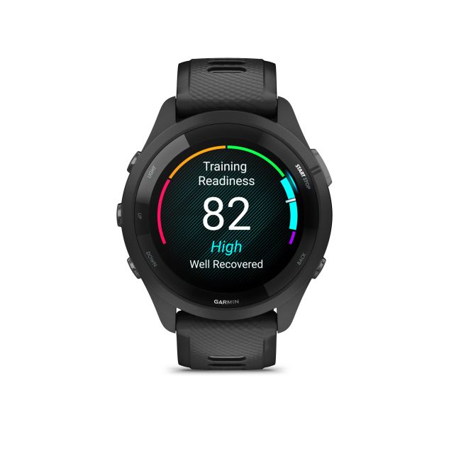 Garmin - Forerunner 265 ceas multisport cu GPS AMOLED - Ramă şi carcasă neagră cu curea din silicon neagră/gri pudră