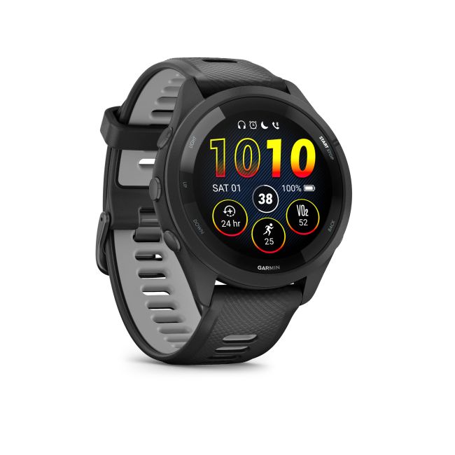 Garmin - Forerunner 265 ceas multisport cu GPS AMOLED - Ramă şi carcasă neagră cu curea din silicon neagră/gri pudră