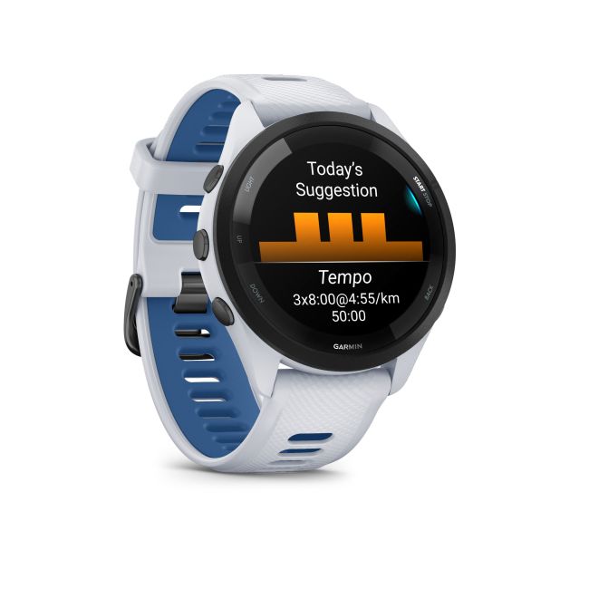 Garmin - Forerunner 265 ceas multisport cu GPS AMOLED - Ramă neagră cu carcasă Whitestone şi curea din silicon Whitestone/Tidal Blue