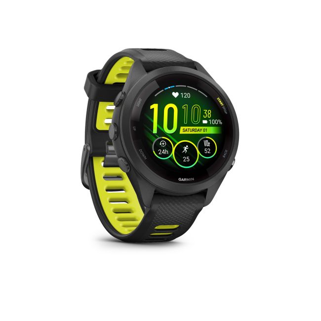 Garmin - Forerunner 265s ceas multisport cu GPS AMOLED - Ramă şi carcasă neagră cu curea din silicon neagră/Amp Yellow