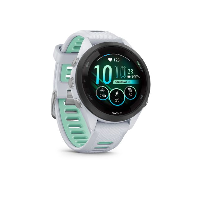 Garmin - Forerunner 265s ceas multisport cu GPS AMOLED - Ramă neagră cu carcasă Whitestone şi curea din silicon Whitestone/Neo Tropic