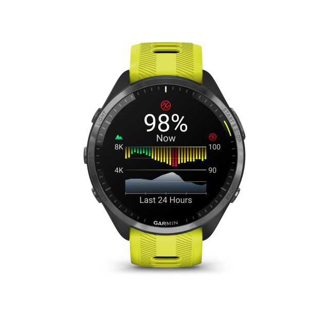 Garmin - Forerunner 965 ceas multisport cu GPS AMOLED - Ramă din titan DLC gri carbon cu carcasă neagră şi curea din silicon Amp Yellow/neagră