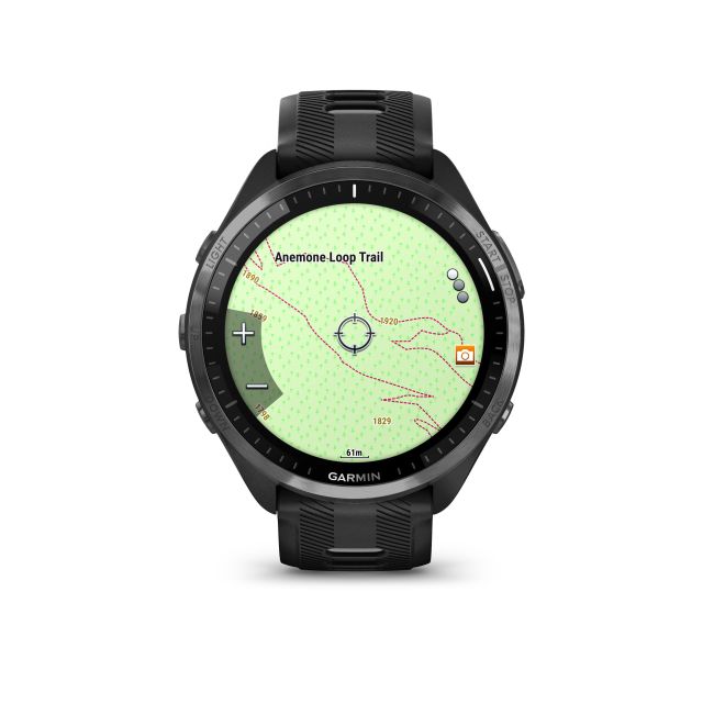 Garmin - Forerunner 965 ceas multisport cu GPS AMOLED - Ramă din titan DLC gri carbon cu carcasă neagră şi curea din silicon neagră/gri pudră