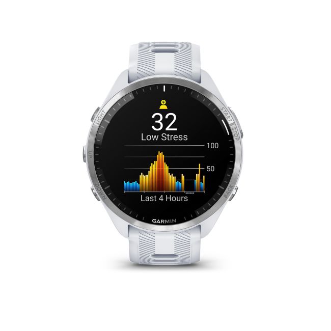 Garmin - Forerunner 965 ceas multisport cu GPS AMOLED - Ramă din titan cu carcasă Whitestone şi curea din silicon Whitestone/gri pudră