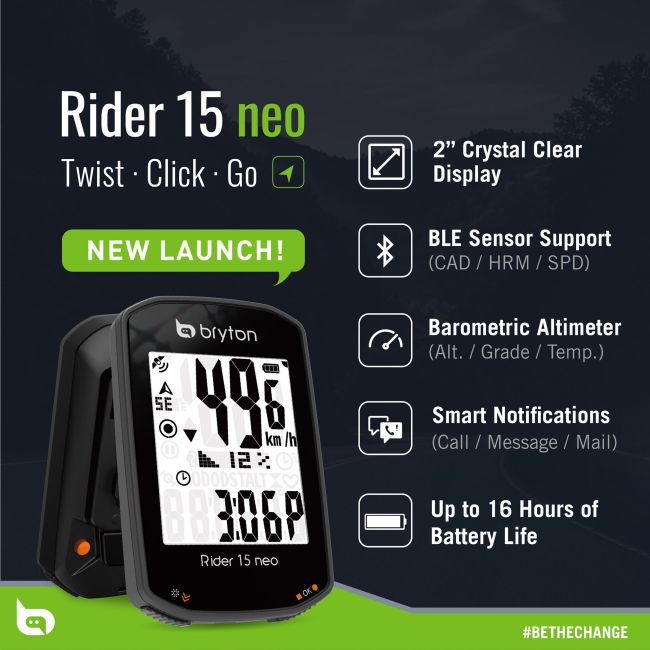 Bryton - ciclocomputer Rider 15 NEO cu senzor de cadenta (pachet produse) - negru