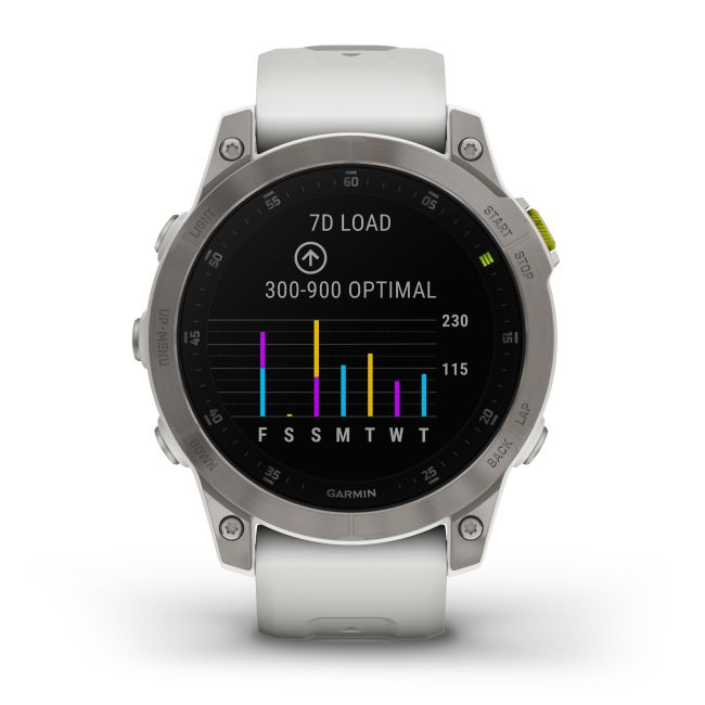 Garmin - Epix Gen 2 Sapphire smartwatch premium cu GPS si AMOLED - ramă gri din titanium, carcasă albă si curea din silicon albă