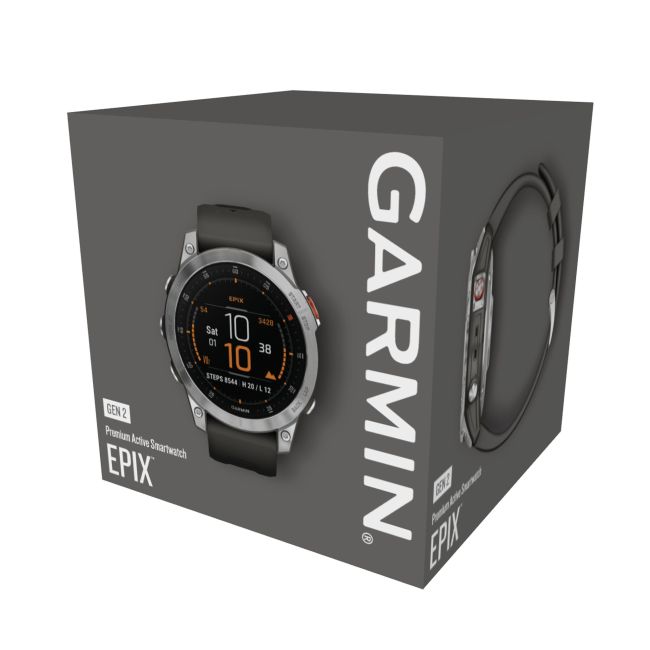 Garmin - Epix Gen 2 smartwatch premium cu GPS si AMOLED - ramă argintie din oţel inoxidabil, carcasă neagră si curea din silicon