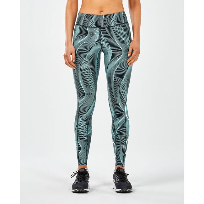 2XU - Colanti de compresie cu buzunar si talie medie pentru femei Mid-Rise Print Tight with Storage - Negru - Alb