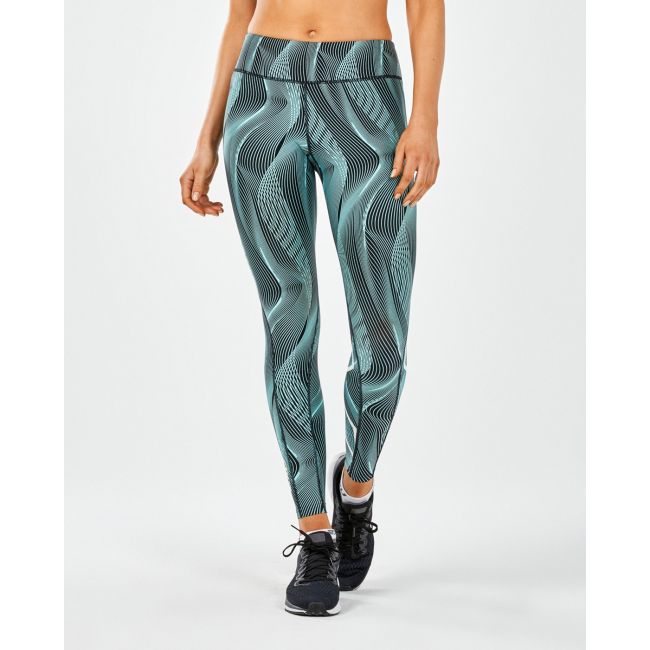 2XU - Colanti de compresie cu buzunar si talie medie pentru femei Mid-Rise Print Tight with Storage - Negru - Alb