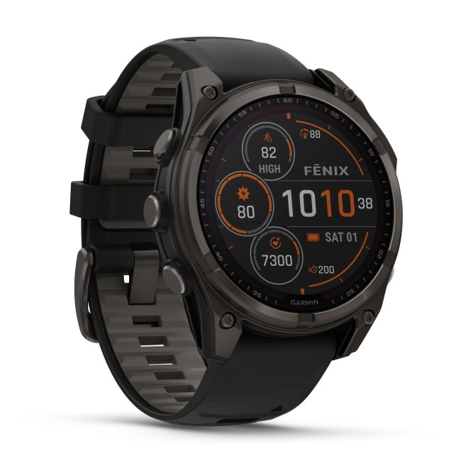 Garmin - fenix 8 Solar Sapphire 47mm - smartwatch premium - ramă gri din titanium DLC si curea din silicon neagră-gri