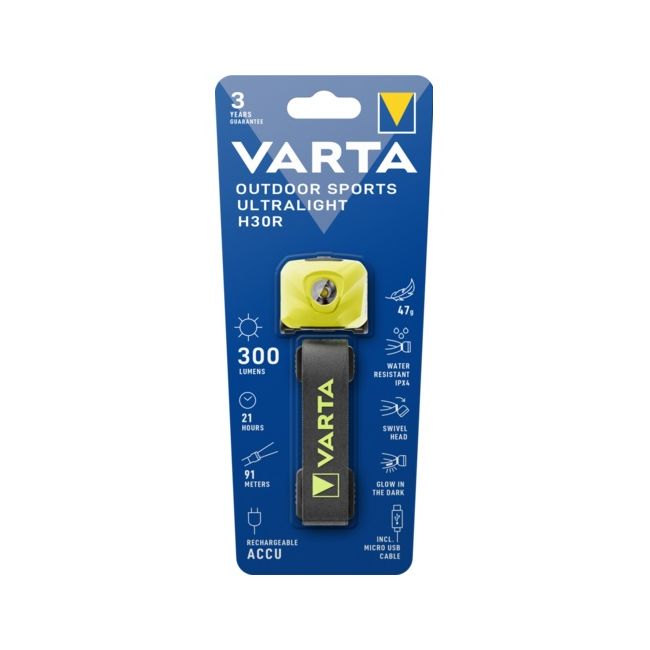 Varta - lanterna frontala Outdoor Sports Ultralight H30R reincarcabila Li-Polimer 300 lumeni - galben lime